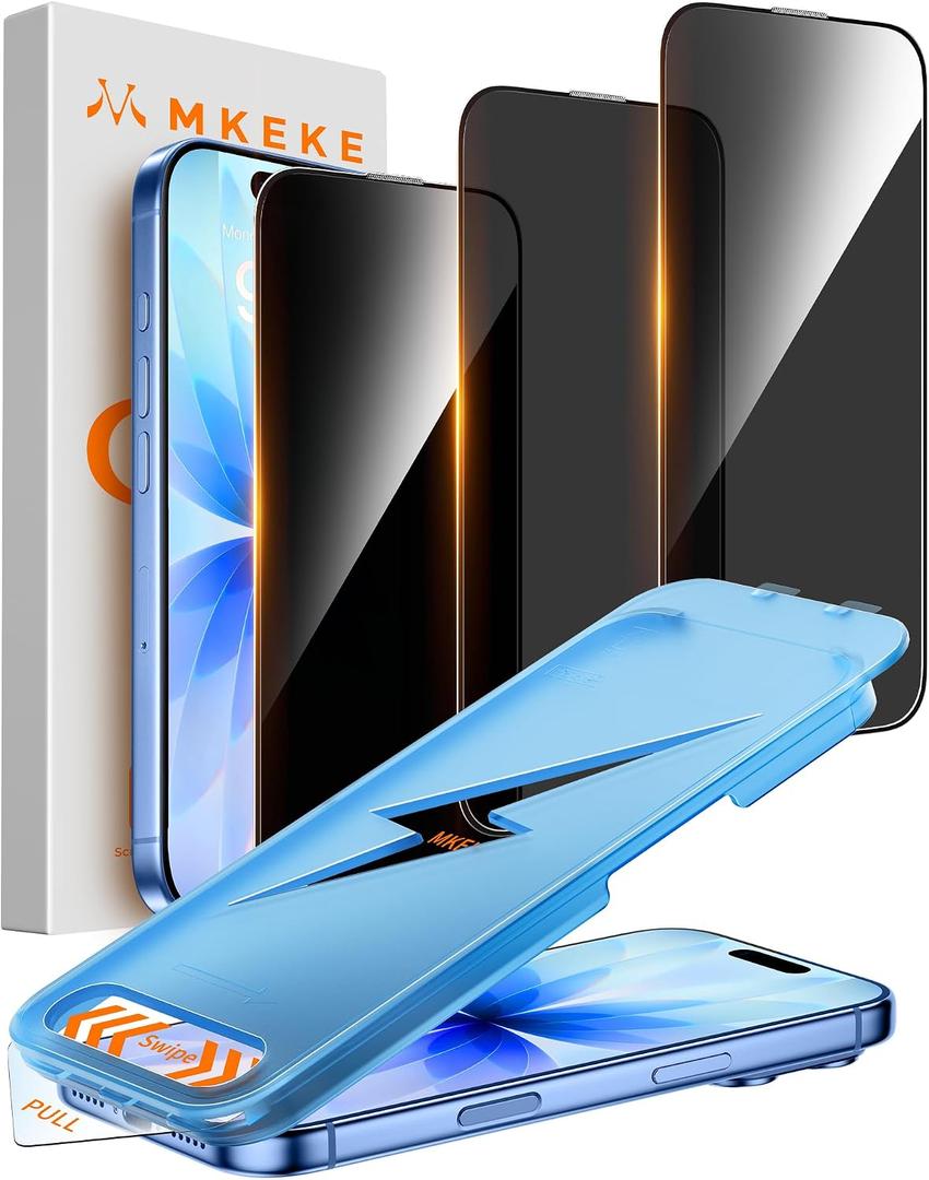 Mkeke for iPhone 17, iPhone 16 Pro Privacy Screen Protector 3 Pack 25 Anti Spy 9H+ Tempered Glass Military-Grade Drop Protection Easy Installation Shockproof Full Edge Coverage 6.3 inch