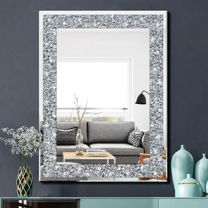 Crystal Crush Diamond Rectangle Silver Mirror for Wall Decoration 24x32inch Wall Hang Frameless Mirror Acrylic Diamond Decor.