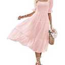 MEROKEETY Women's Summer Square Neck Puff Sleeve Boho Midi Dress Swiss Dot Ruffle Flowy Tie Back Dress (Large, Pink)