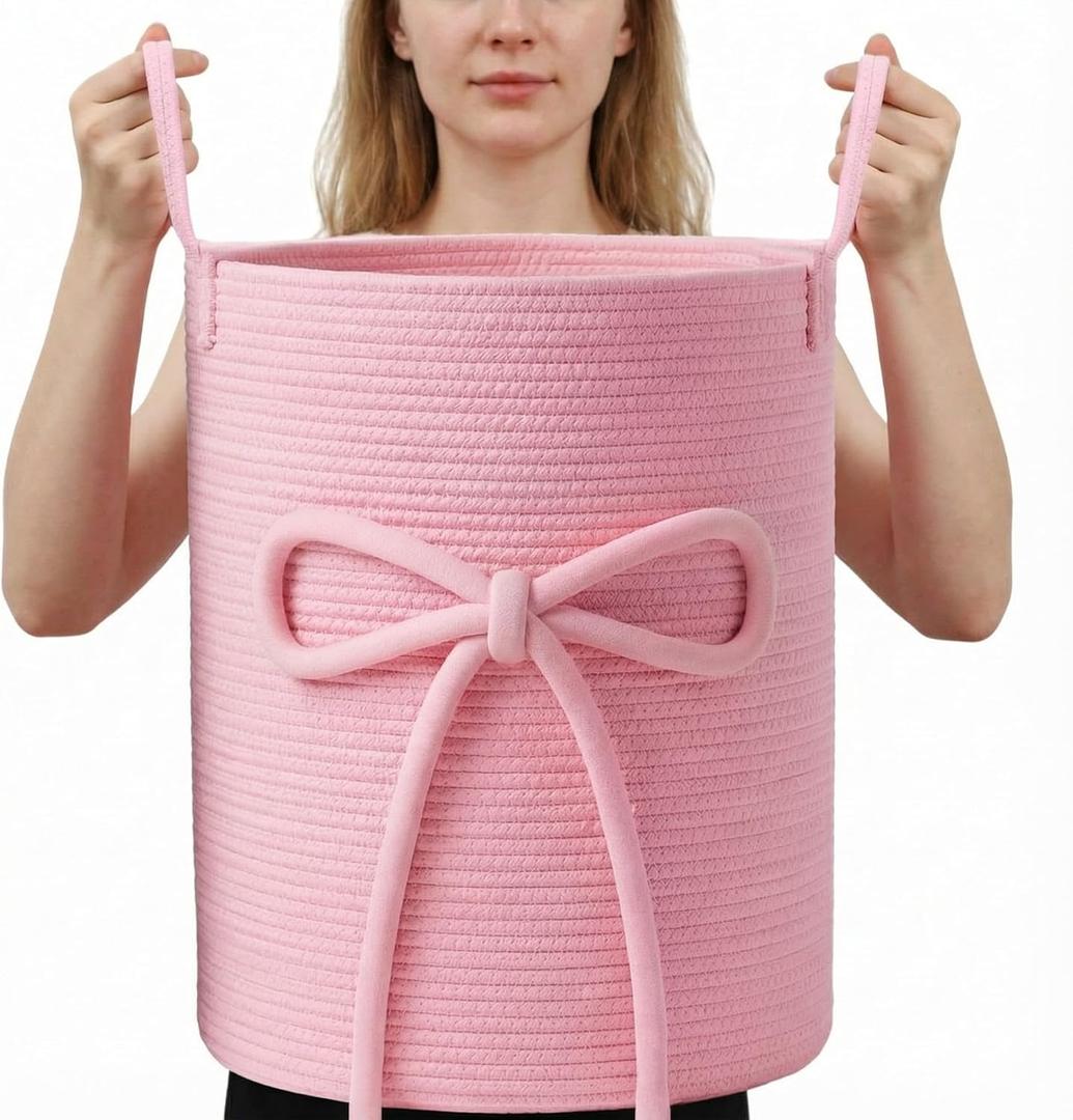 Glooglitter Pink Bow Laundry Basket Large Cotton Rope Storage Basket 16'' x 22'' Woven Laundry Hamper with Handles for Clothes Blanket Pillow Towels Living Room Bathroom Decor