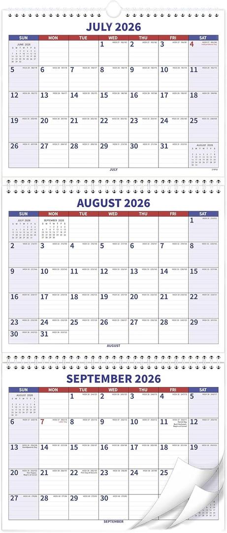 2026-2028 Wall Calendar July 2026 - June 2028, 3 Month Wall Calendar 2026-2028, 2 Year Calendar, 3 Month Calendar Vertical Display (Folded in a Month), Move-a-Page, 11" x 25", Holidays