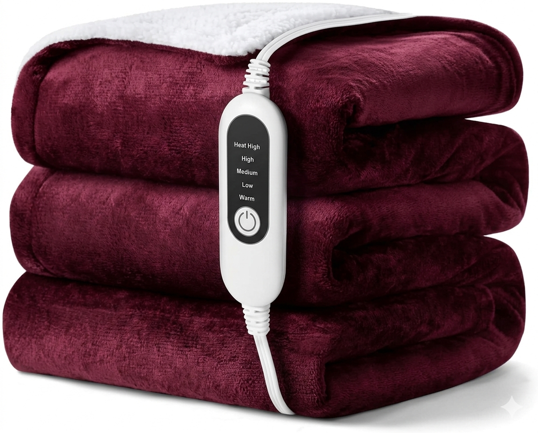 Electric Heated Blanket, Soft Flannel Fabric Heating Blanket Features 5-Level Temperature Adjustment Machine Washable ETL Certified Double-Sided Heating (Maroon & White)