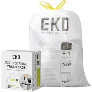 EKO 8 Gallon / 30.3 Liter,100 Count Drawstring Trash Bags, Extra-Strong Unscented Garbage Bags, Easy-Dispense Roll for Kitchen & Household Use, Resists Tears, Leaks and Punctures, Code F-1, White