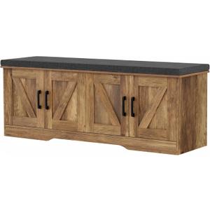 HOMSHO 2-Tier Storage Bench, 47.2" Wide Shoe Bench with Padded Seat Cushion, Entryway Bench with 4 Barn Doors and Adjustable Shelf, Rustic Walnut