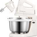 2 in 1 Hand Mixers Kitchen Electric Stand mixer with bowl 3 Quart, electric mixer handheld for Everyday Use, Dough Hooks & Mixer Beaters for Frosting, Meringues & More (White-S)