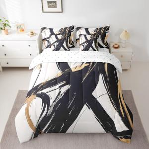 Feelyou Black Gold Abstract Art Line 7 Piece Bedding Set King Size Modern Geometric Print Comforter Set with Sheets for Kids Boys Girls Bedroom Decor Minimalist Ink Line Bed in a Bag Soft Bed Set