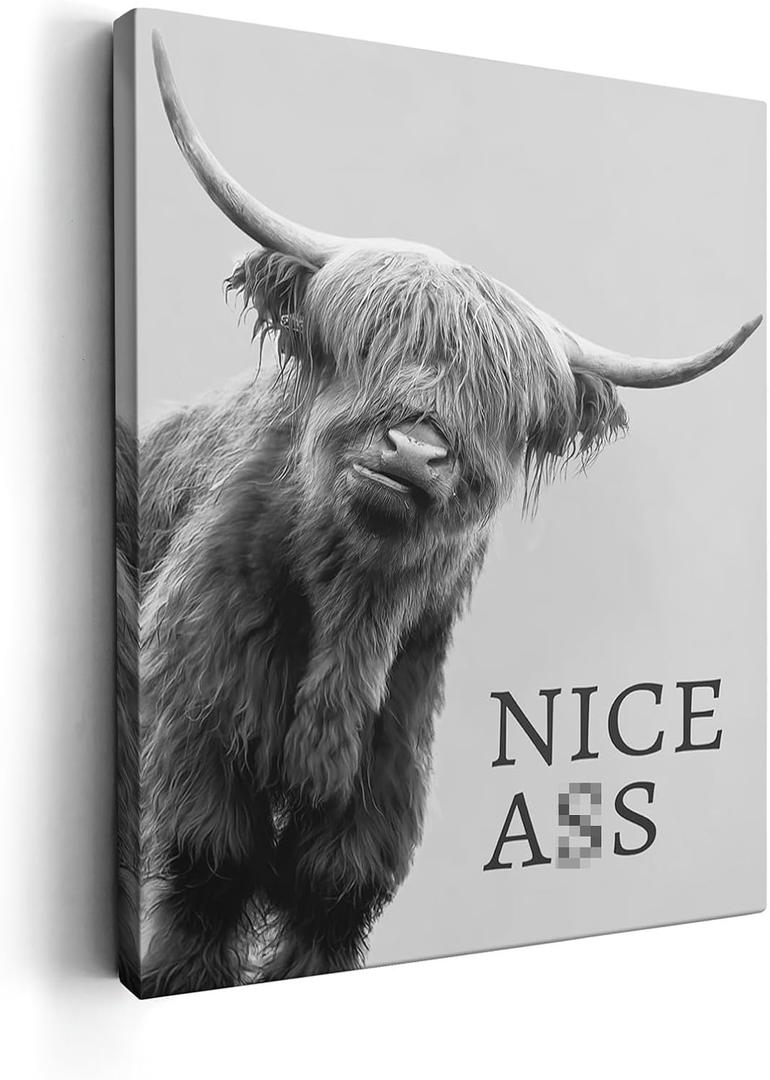Kasluolo Highland Cow Bathroom Decor Wall Art Funny Cow Picture Farmhouse Cattle Black and White Bathroom Painting Wall Decor for Bathroom Toilet Framed Artwork 12x16 inch (16L" x 12W")