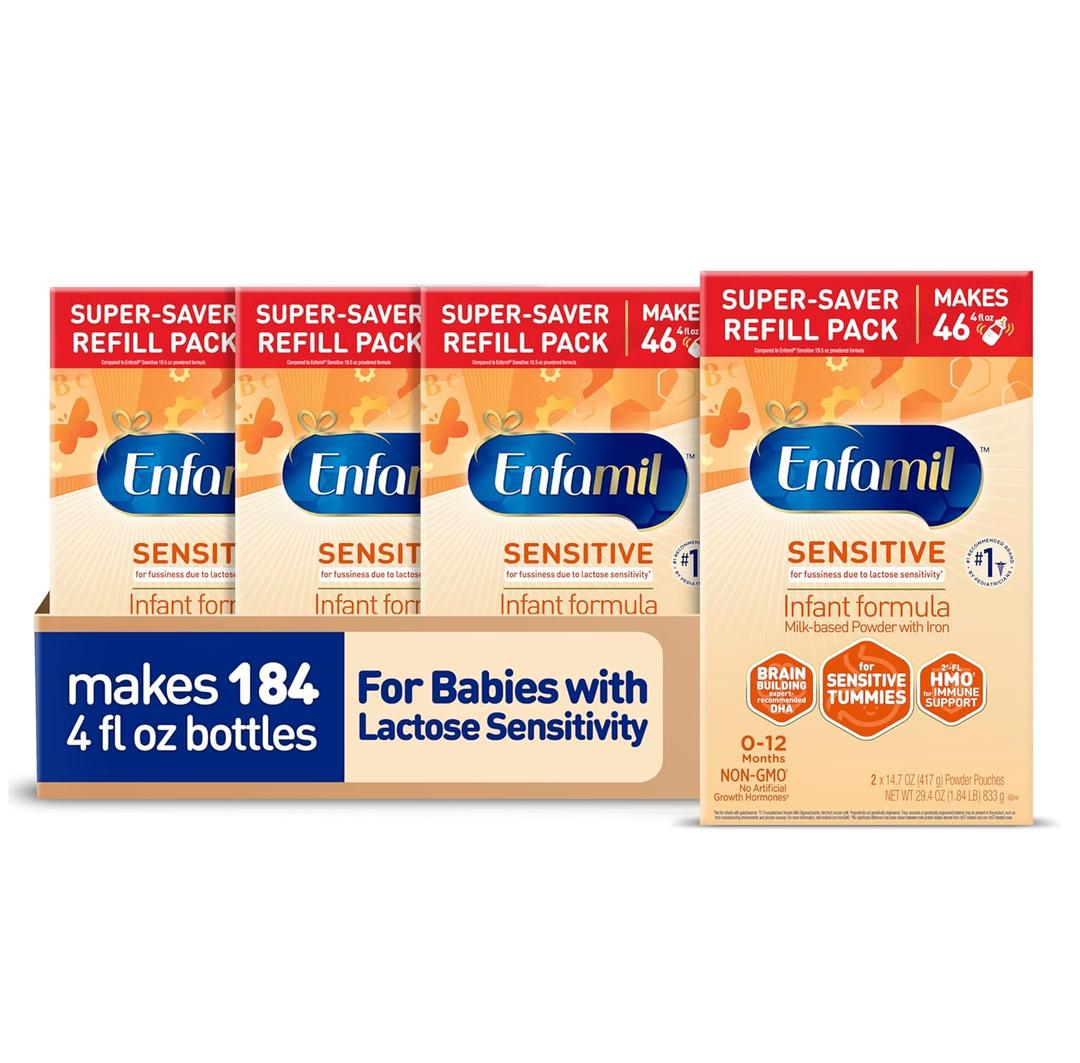 Enfamil Sensitive Baby Formula with DHA, Iron & Prebiotics to help support Brain & Immune Support. Lactose Sensitivity Infant Formula Inspired by Breast Milk, Non-GMO, Powder Refill Box, 117.6 Oz, Pack of 4  Best By: 10/01/2025