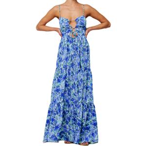 Summer Floral Sundress for Women Spaghetti Straps Hollow Out Tie Front Maxi Dress Flowy Smocked Bohemia Dress (Large, Blue)