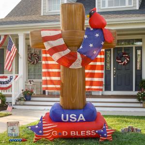 OurWarm 8 FT 4th of July Inflatables Outdoor, Vintage Patriotic Inflatables Cross with Cardinal American Flag & Stars, Fourth of July Inflatable with LEDs for Yard Lawn 4th of July Decorations Outdoor