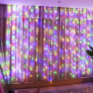 HXWEIYE 300LED Fairy Curtain Lights, 9.8x9.8Ft USB Plug-in 8 Modes Christmas String Hanging Lights with Remote for Bedroom Backdrop Wedding Indoor Wall Decor, Multicolor, Standard  1 Pack