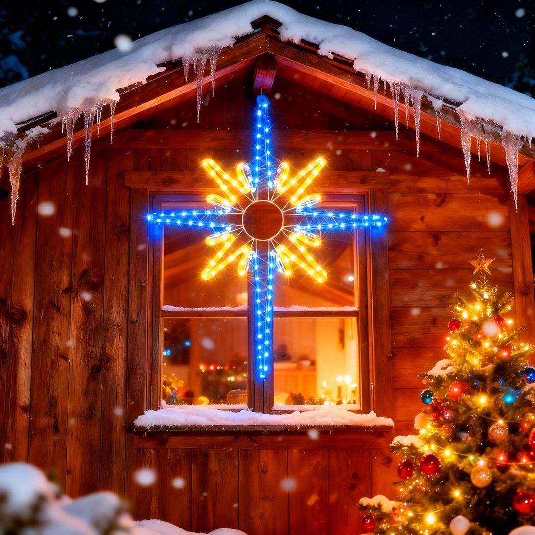 Large Christmas Bethlehem Star, Lighted Star of Bethlehem LED Lights Plug in Rope Light for Outdoor Indoor Xmas Tree Wall Bedroom Hanging Party Decoration(28",Warm Blue)