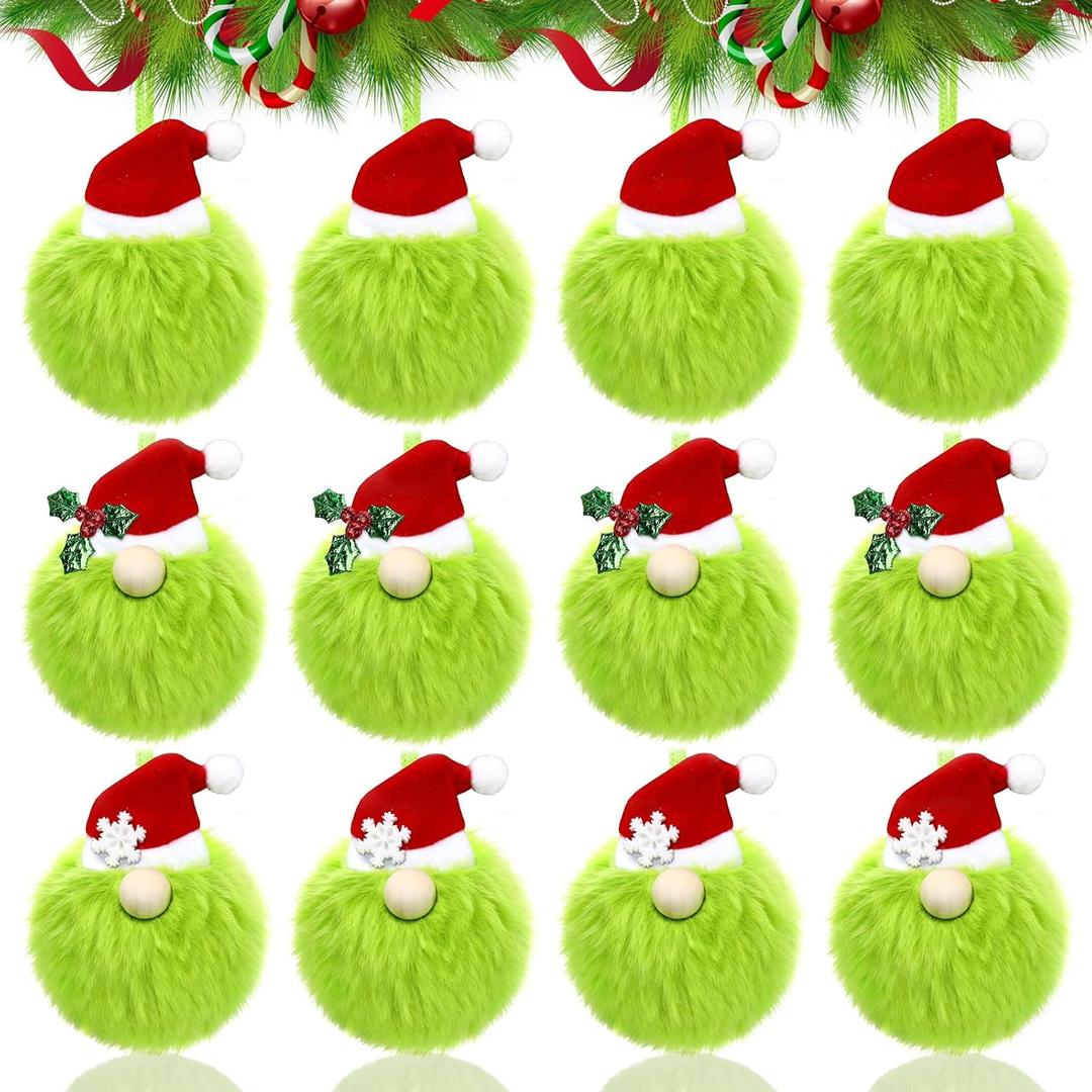 JULMELON 12 Pcs Lime Green Furry Christmas Ball Ornaments with Santa Hat, Xmas Green Furry Ornaments Christmas Ball Hanging Decorations Tree Decorations for Home Party Fireplace Mantel Wall Decor