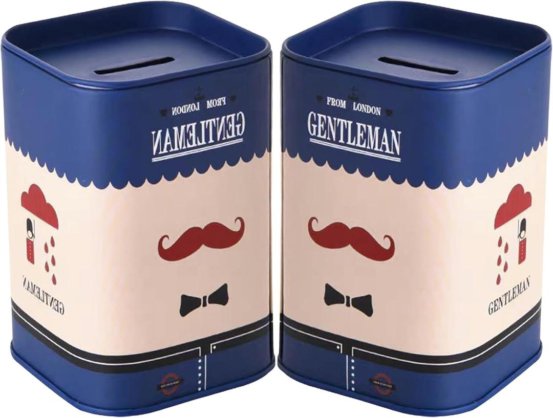 2 x 2 Pack Tinplate Piggy Bank Square Money Box Metal British Style Storage Jar Cartoon Children S Piggy Bank