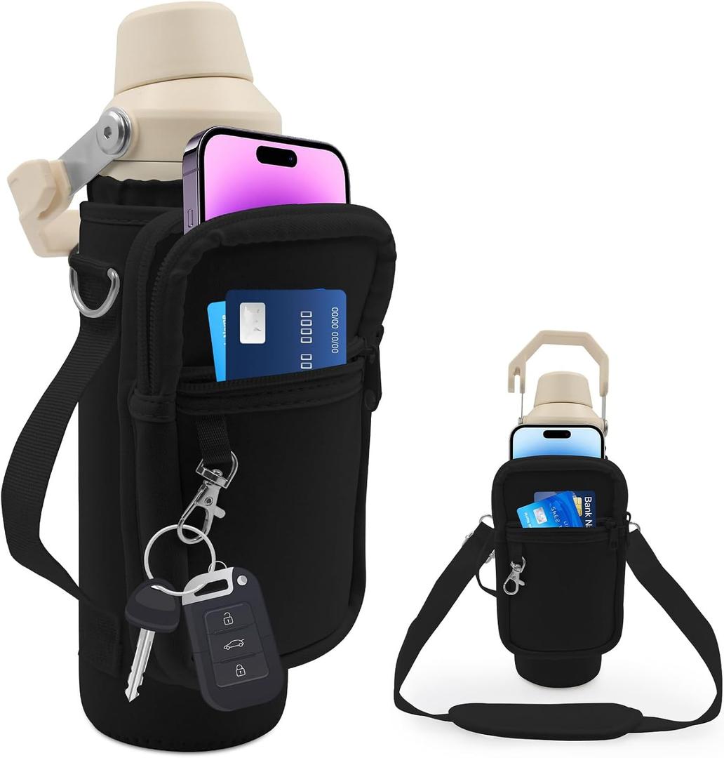 Water Bottle Holder with Phone Pocket for 24oz Stanley IceFlow Fast Flow with Handle Bottle Carrier Bag with Drawstring, Carrying Strap, Non Slip Shoulder strap for Stanley Cup (Black)