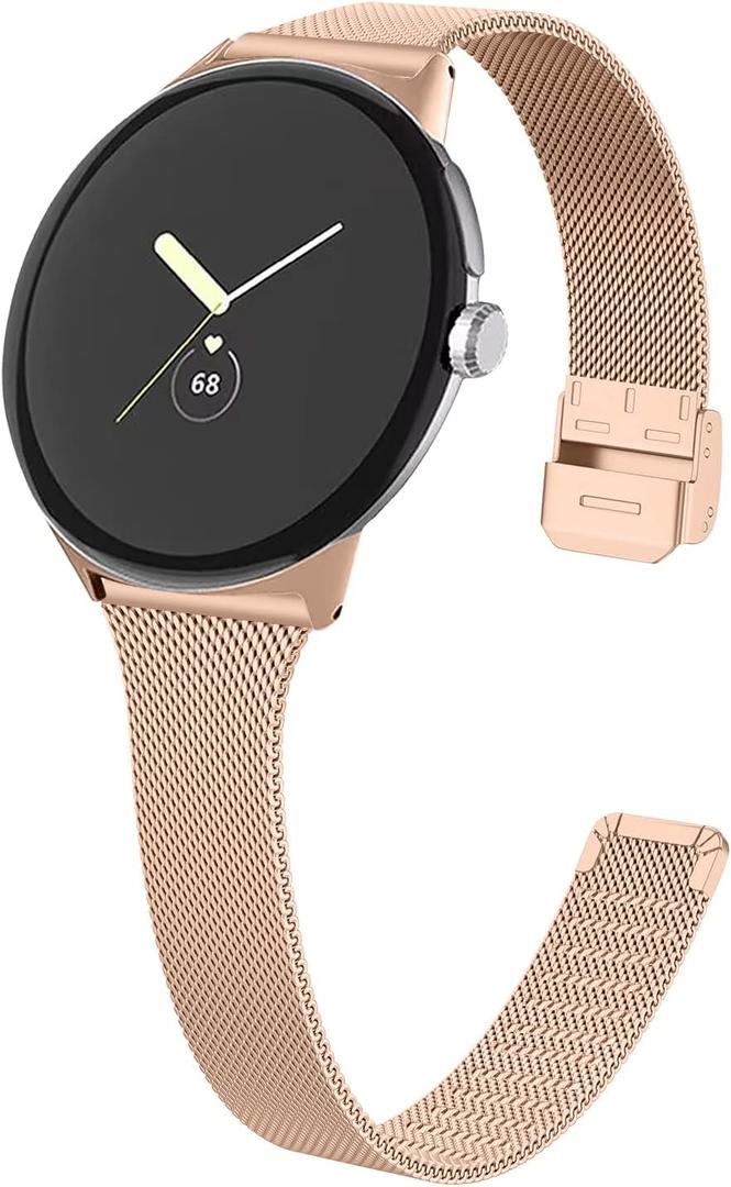 FitTurn Slim Metal Bands for Google Pixel Watch 4 3 41mm/2 1 Band Women Men, Grids Thin Stainless Steel Mesh Loop Snap Clasp Strap Replacement for Pixel Watch 4 3 41mm Fitness & Health Tracker (RoseGold)