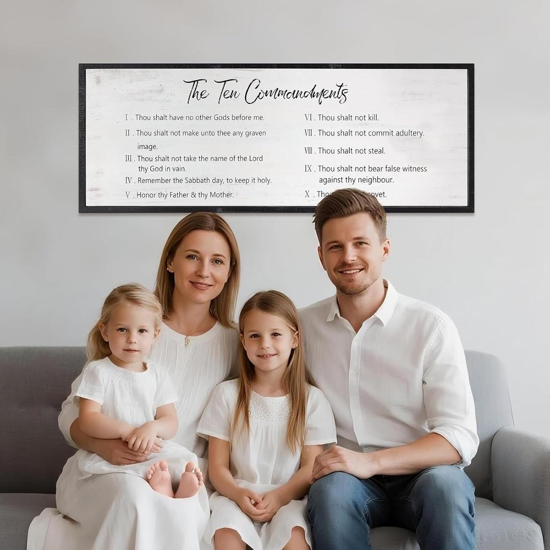 The Ten Commandments Rustic Bible Verse Framed Wall Sign For Family Living Room Kitchen Farmhouse Dining Room Vintage Boho Wall Art Decoration For God Jesus Christ Prayer, 40 x 15 Inch, Black