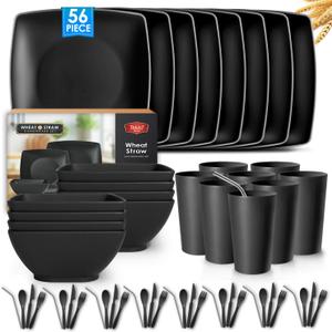 Teivio 56-piece With Flatware Kitchen Plastic Wheat Straw Square Dinnerware Set for 8, Unbreakable Dinner Plates, Snack Bowls, Tumblers 13.5 oz, Dishwasher Safe, Black
