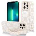 Fiyart Designed for iPhone 13 Pro Max Case Cute Flowers with Strap Soft TPU Phone Cover Protective Camera Lens Protection for Women Men Floral Bumper with Stand 6.7"-White