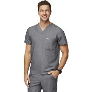 FIGS Leon Scrub Top for Men 3 Pockets, Tailored Fit, Modern V-Neck, 4-Way Stretch, Moisture-Wicking (Gray, S)