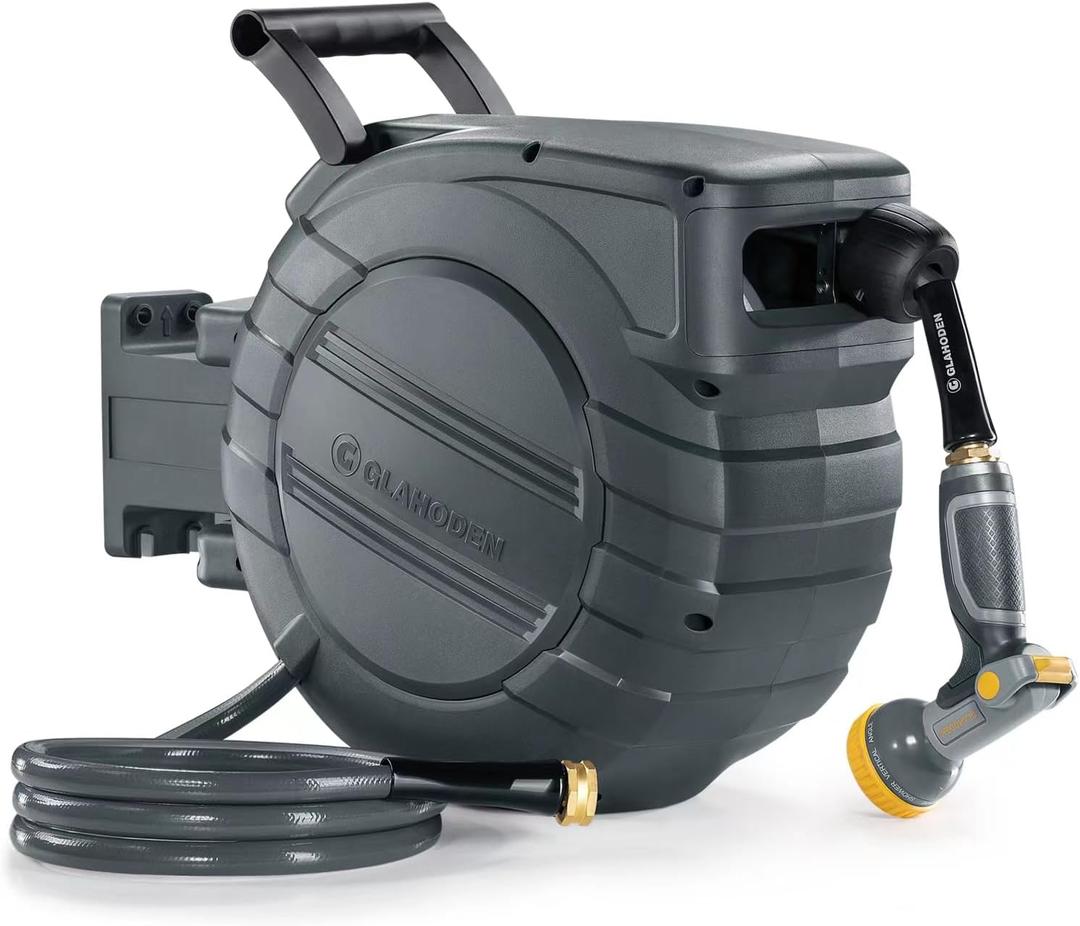 GLAHODEN Retractable Garden Hose Reel 5/8 in x 90 ft, 2025 Upgraded Dual Ratchet Lock UV & Freeze Protection Brass Seal Slow Retraction Anti-Tangle Hose 180Swivel Reinforced Scaffold Wall Mount