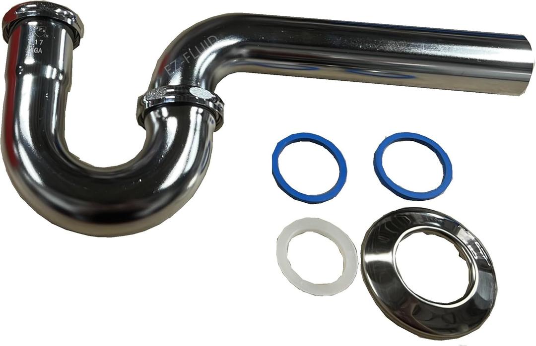 EZ-Fluid 1-1/2" Thick Heavy Duty 17 Gauge Kitchen Sink Chrome Brass P-Trap w/Brass Nuts & 1-1/2" x 1-1/4" Reducing Washer, for Sink Waste Drain P-Trap Brass Tubular Kit,Commerical Grade.(1)