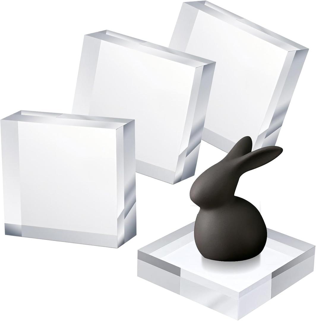 4 Pcs Acrylic Display Block, 4 x 4 x 1 Inch Clear Polished Square Cube Riser Pedestal Stand for Jewelry Rings Cake Perfume Ornaments Collection