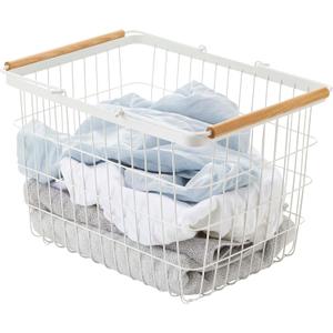 Yamazaki Home Tosca Laundry Basket - Laundry Basket With Wooden Handles - Medium, 11" - Steel + Wood - 6 Gallons, 23 Liters