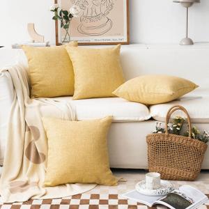 Home Brilliant Fall Pillow Covers 18x18 Set of 4 Textured Burlap Lined Linen Throw Pillow Covers for Couch Sofa Bed Winter Decor, 18 x 18 Inch (45cm), Yellow