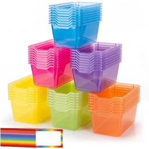 Funrous 48 Pack Plastic Cubby Bins for Classroom, Stackable Storage Bins with Rainbow Labels and Handles Cubby Organizer Containers for Teacher Supplies Home Office Daycare and Playroom (Bright)