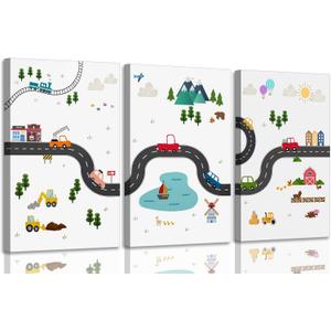 3Pcs Car Nursery Canvas Wall Art Boy Cartoon Truck Urban Transport Painting Picture Wall Decor Poster Print Artwork for Kids Room Baby Room Boys Bedroom Home Decoration (16x24in)