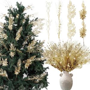 40 Pack Gold Christmas Picks and Sprays for Tree 17.5'' Artificial Glitter Berry Stem Pick with Poinsettia Christmas Tree Filler Ornaments Tree Topper Branch for Xmas DIY Wreath