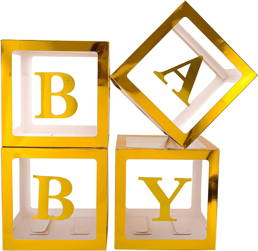 Sooyee Gold Clear Baby Boxes with Letters for Baby Shower Birthday Party Decorations, Transparent Ballon Boxes Backdrop,Gender Reveal, Baby Blocks