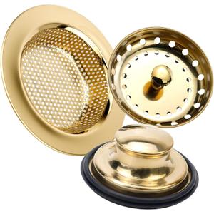 Antrader Kitchen Sink Drain Strainer and Stopper Gold,3Pcs Stainless Steel Kitchen Sink Drain Strainer Basket and Stopper Gold Kitchen Sink Drain Strainer Kitchen Sink Stopper Kit Basket