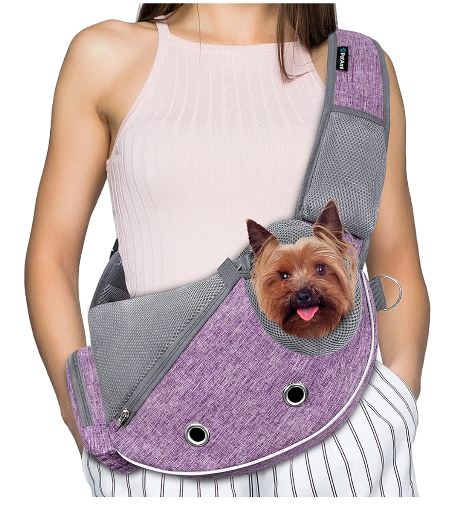 PetAmi Dog Sling Carrier for Small Dogs, Puppy Carrier Sling Purse, Dog Bags For Traveling, Carrying Bag to Wear Medium Cat, Adjustable Crossbody Pet Sling Travel Poop Bag Dispenser, Max 10lbs, Purple