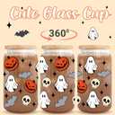 Halloween Gifts for Women Halloween Pumpkin Ghost Iced Coffee Cup Gift for Women Men Kids Teen Adults Spooky Pumpkin Glass Tumbler 16oz Glass Tumbler with Lid and Straw