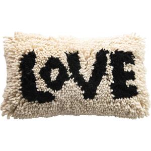 Creative Co-Op Woven Wool Shag Lumbar Pillow with Love Design, Black and Cream, 24 inches x 14 inches x 14 inches