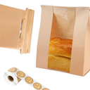 Dualshine 100 Pcs Bread Bags for Homemade Bread Sourdough Bags Paper Kraft with Window 14" x 8.3" x 3.5" with Tin Strip and 500 Pcs Seal Stickers for Cookies Coffee Beans and Bakery