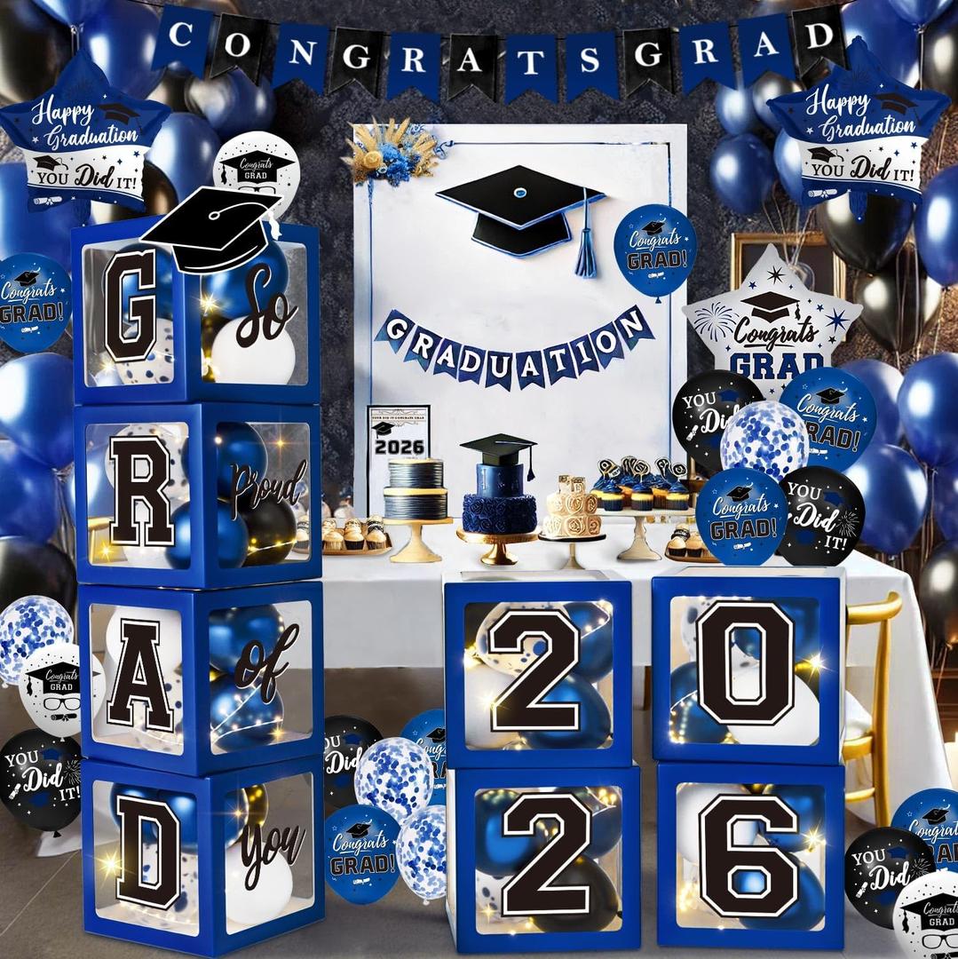 Graduation Decorations Class of 2026 - Blue Graduation Decorations - Balloons Boxes with Letters 2026 GRAD So Proud of You, Congrats Grad Party Decorations for Any Grades