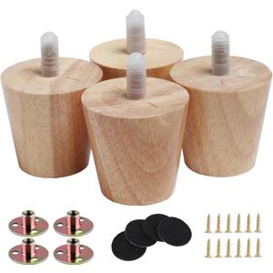 2" Round Solid Wood Furniture Leg Set of 4 Mid-Century Modern Sofa Couch Bed Coffee Chair Desk Straight Feet Legs with Pre-Drilled 5/16M8 Inch Bolt& Screws& Rubber Pads (2, 4 sets)