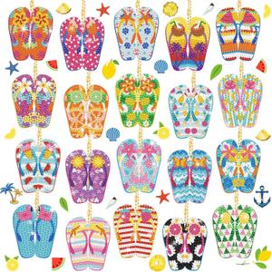 Karenhi 20 Pcs Flip Flop Diamond Painting Keychains Summer Art Keychains Diamond Painting Ornaments DIY Key Ring Kits for Adults Beginners Beach Party Supplies Decor