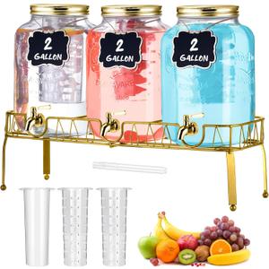 Lallisa 3 Pcs 2 Gallon Glass Drink Dispenser with Stand and Lid Mason Jar Beverage Dispenser with Stainless Steel Spigot, Hanging Chalkboard Signs, Fruit Infuse, Ice Cylinder, Liquid Pen (Gold)