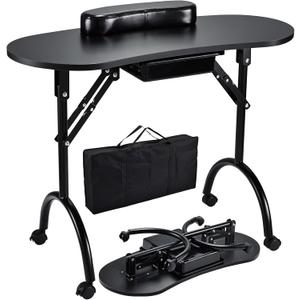 Joligrace Professional Foldable & Portable Manicure Table Nail Technician Desk Workstation with Rolling Wheels Large Drawer Client Wrist Pad Free Carrying Bag Travel Nail Tech Spa Beauty Table, Black