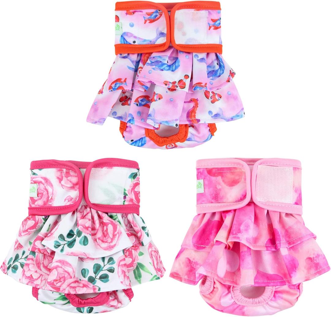 wegreeco Washable Dog Diapers Female (3 Pack), Highly Absorbent Dog Diapers for Female Dogs in Heat, Period, Incontinence, or Excitable Urination (Ocean of Flowers, Medium)