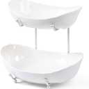 HBlife Fruit Bowl for Kitchen Counter - 2 Tier Ceramic Fruit Bowl with Metal Stand, Tiered Fruit Basket for Kitchen Counter, Serving Platters Serving Trays for Party (White Bowl Silver Rack)