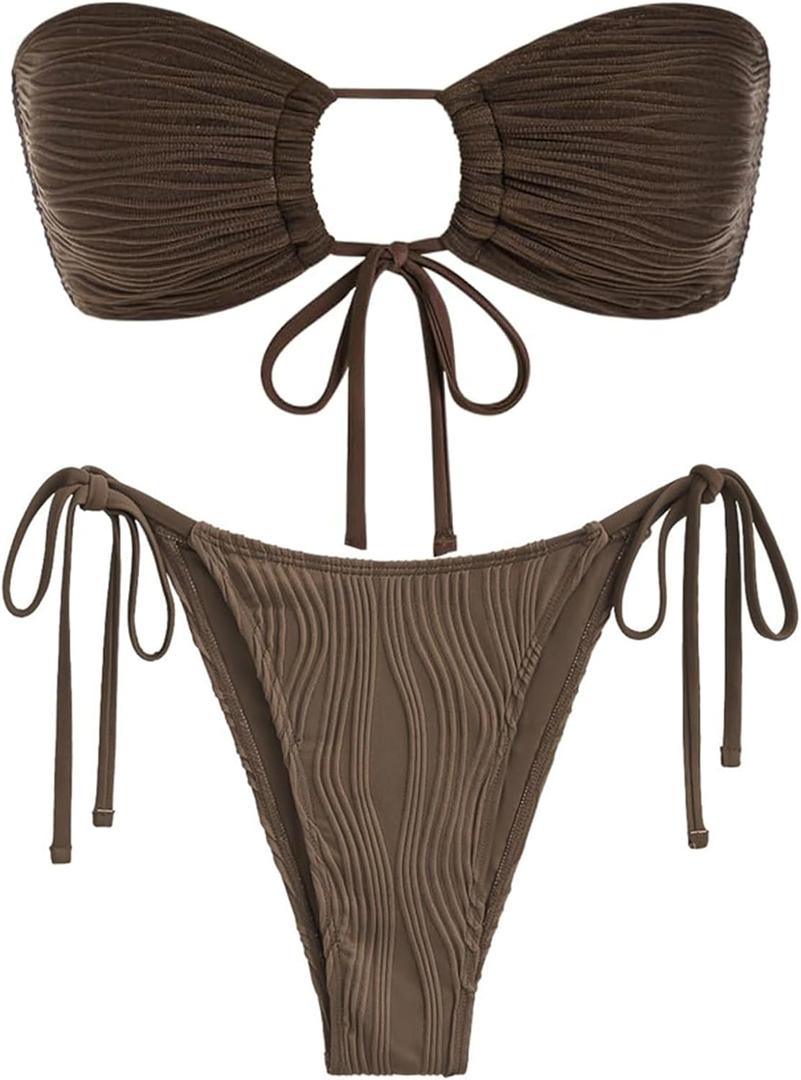 ZAFUL O Ring Bandeau Bikini Sets for Women Sexy Strapless Swimsuits 2 Piece High Cut Bathing Suit (Small, 3-deep Coffee)