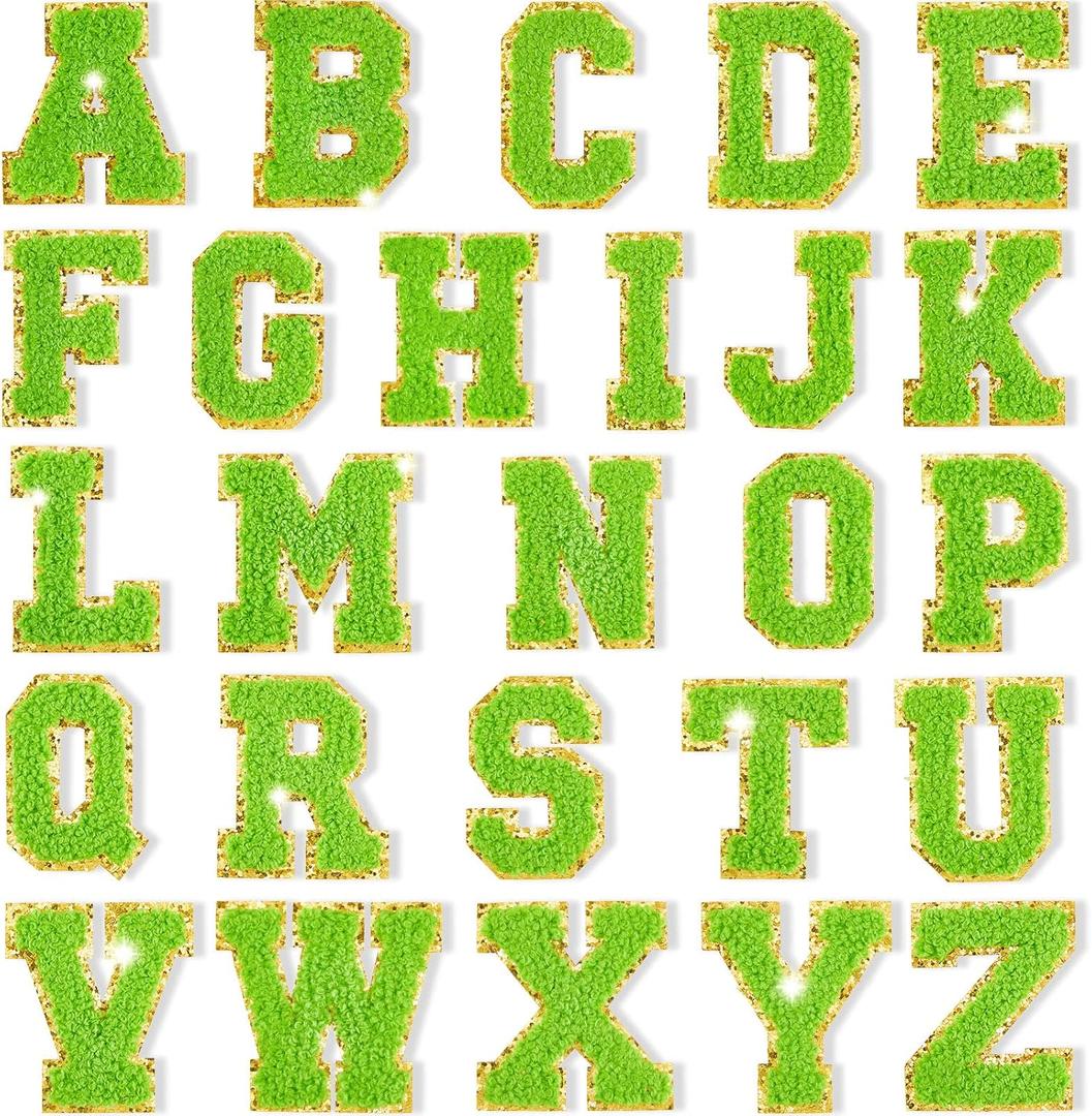 26 Pieces Glitters Patches Iron on Letters Chenille A-Z Patches Decorative Repair Embroidered Personalized Sew on for Clothing Repairing Hats Shirts Shoes Jeans Bags(Gold, Green)