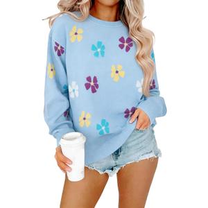 Flower Sweaters for Women Floral Print Pullover Cozy Knit Sweater Crewneck Long Sleeve Shirts Cute Outfits Tops (Blue, L)