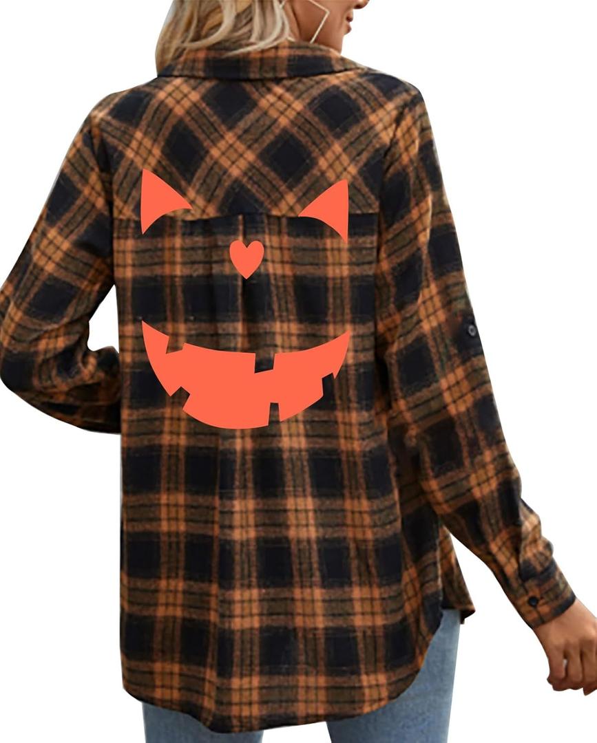 Halloween Shirt Women Pumpkin Face Shirt Funny Button Down Flannel Plaid Long Sleeve Tops Fall Clothes Outfits (Large, Brown)