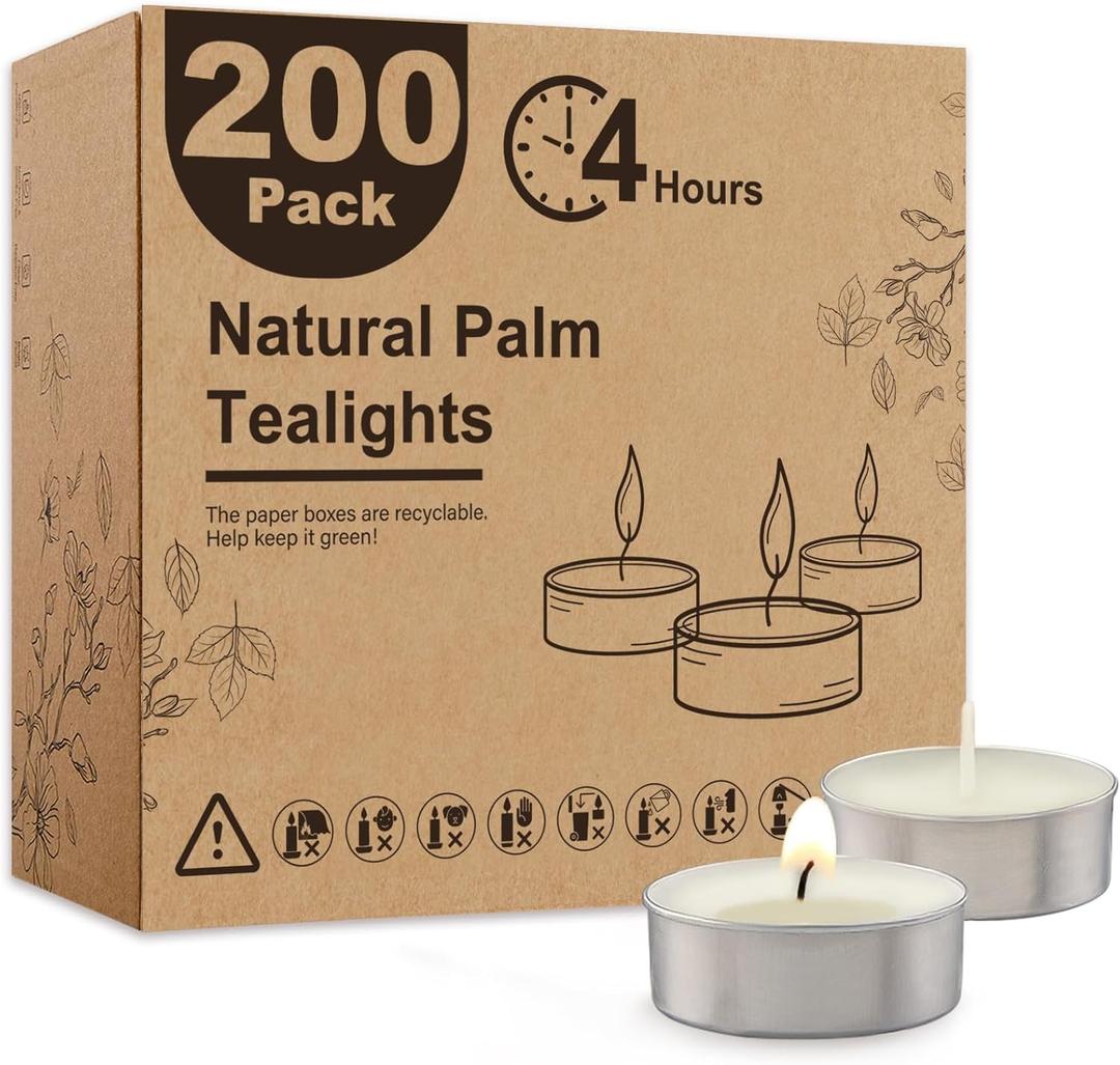 Unscented Palm Tea Lights Candles 200 Pack Bulk, 4.5 Hours Long Burning White Tea Lights,Non-Paraffin, Smokeless, Mini Tealight Candles for Wedding, Christmas Lights, Party, Power Outages